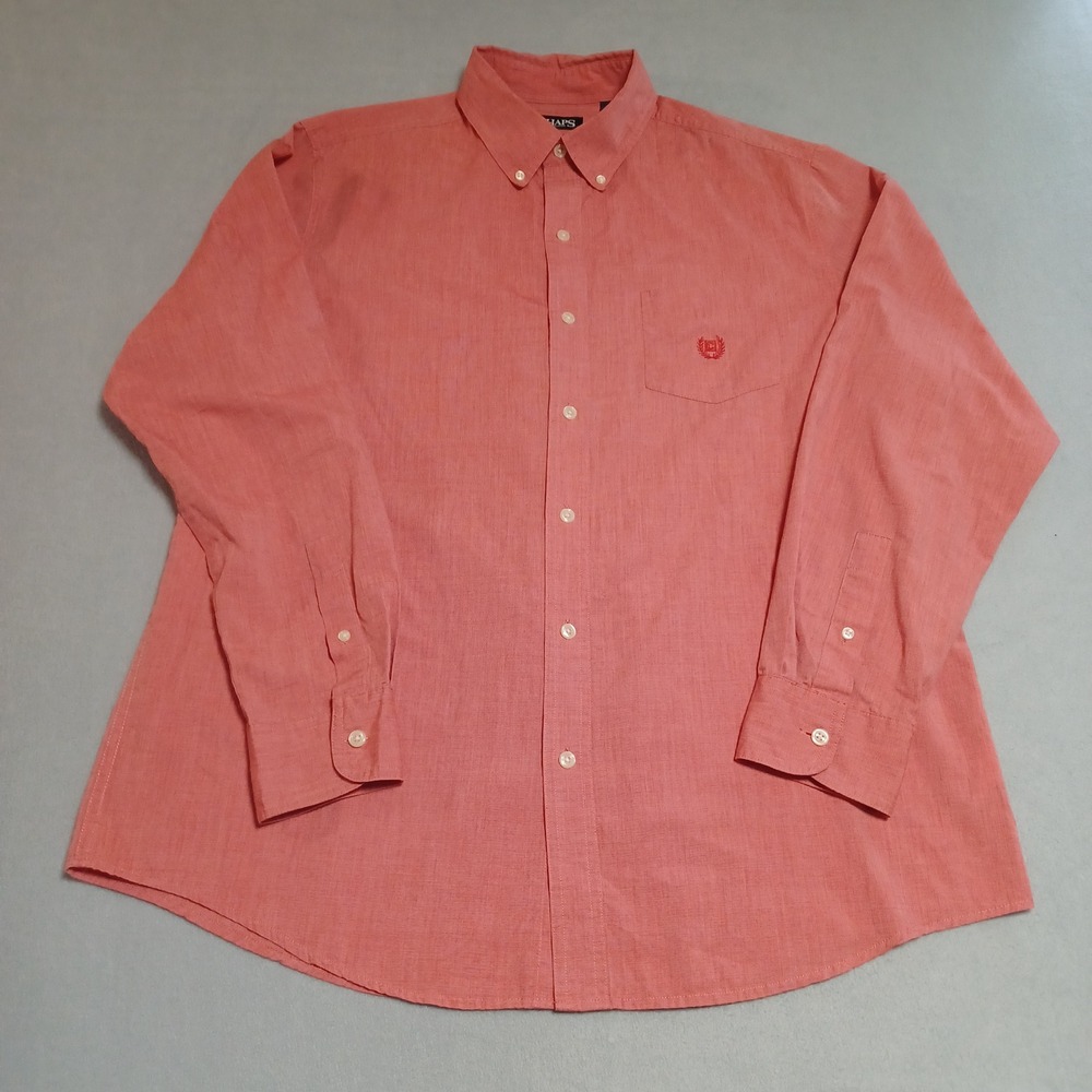 Chaps Mens Easy Care Button Down Shirt Large Salmon Pink Coral Long Sleeve Logo